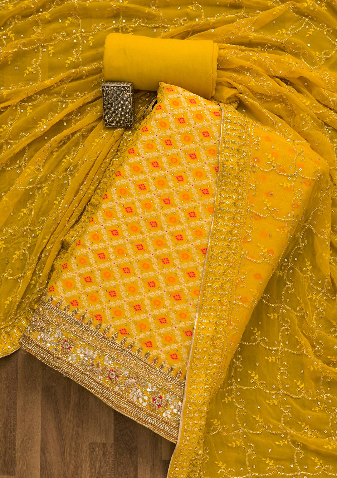 Yellow Cutdana Chanderi Unstitched Salwar Kameez-Koskii
