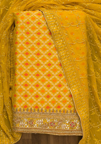 Yellow Cutdana Chanderi Unstitched Salwar Kameez-Koskii