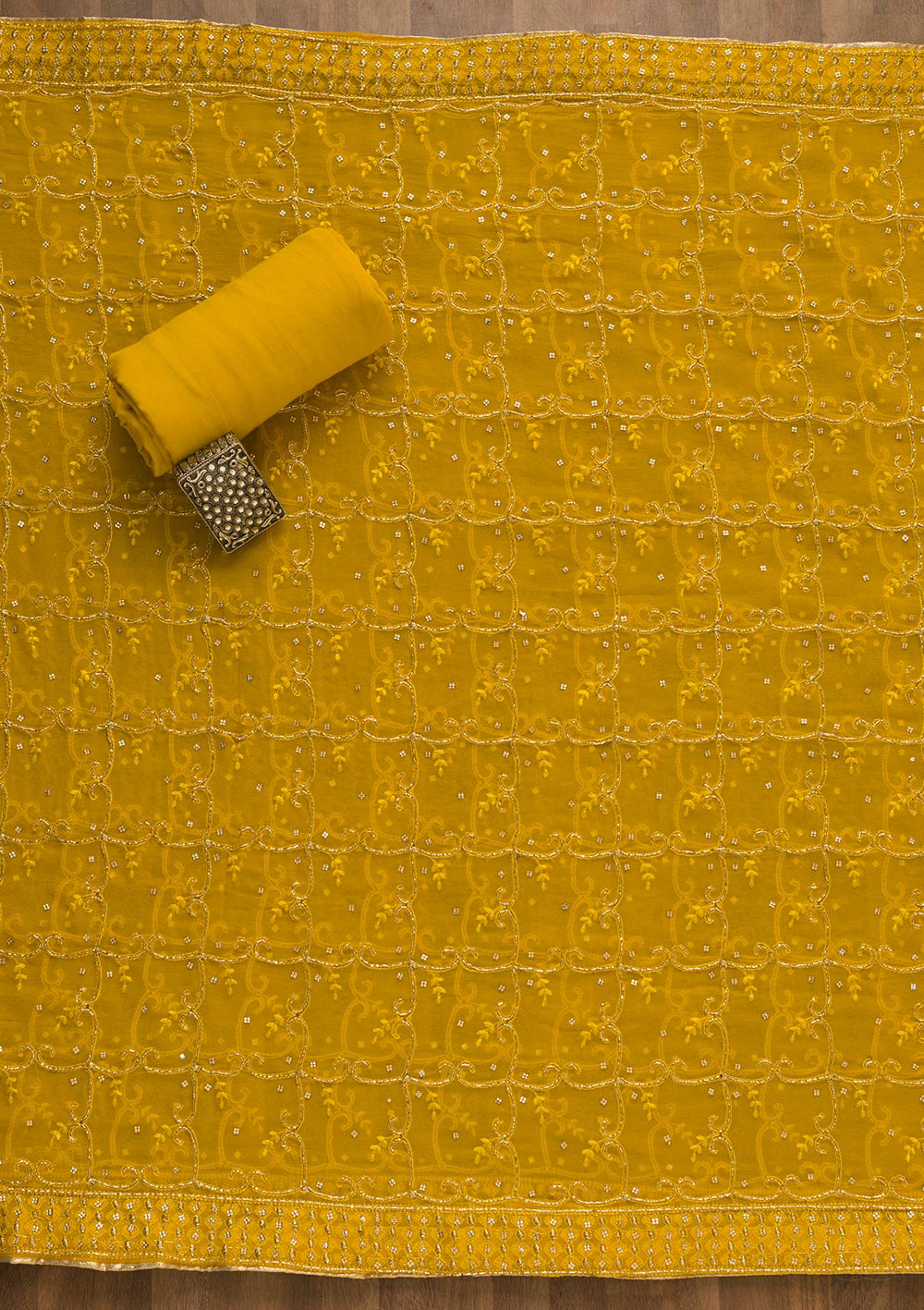 Yellow Cutdana Chanderi Unstitched Salwar Kameez-Koskii