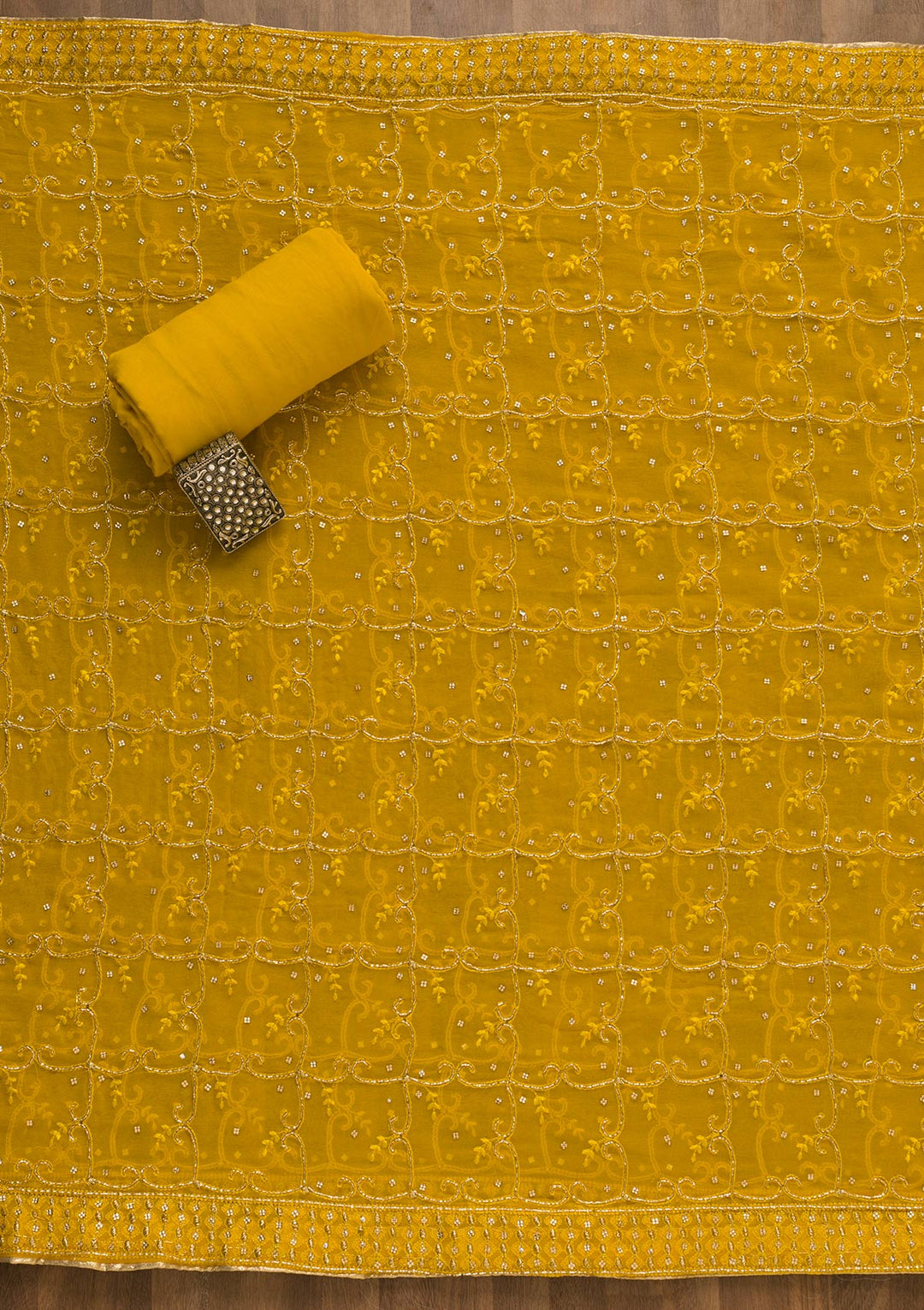 Yellow Cutdana Chanderi Unstitched Salwar Kameez-Koskii