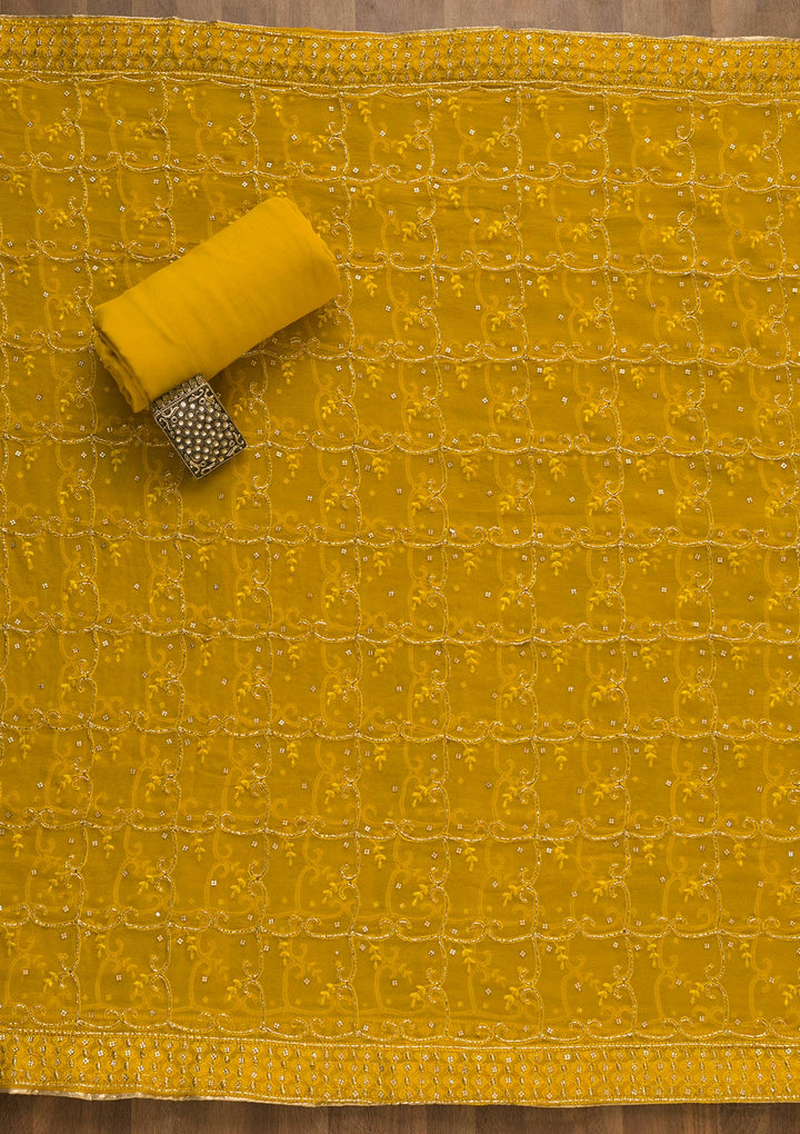 Yellow Cutdana Chanderi Unstitched Salwar Kameez-Koskii