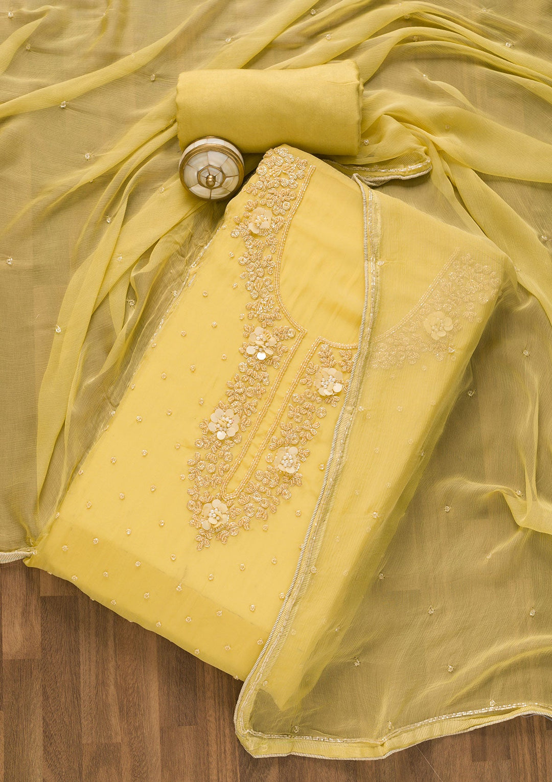 Yellow Cutdana Organza Unstitched Salwar Kameez-Koskii