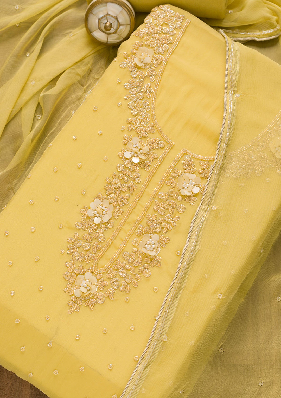 Yellow Cutdana Organza Unstitched Salwar Kameez-Koskii