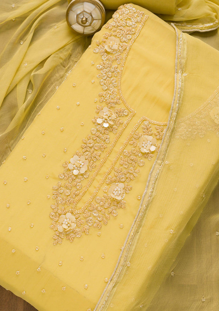 Yellow Cutdana Organza Unstitched Salwar Kameez-Koskii