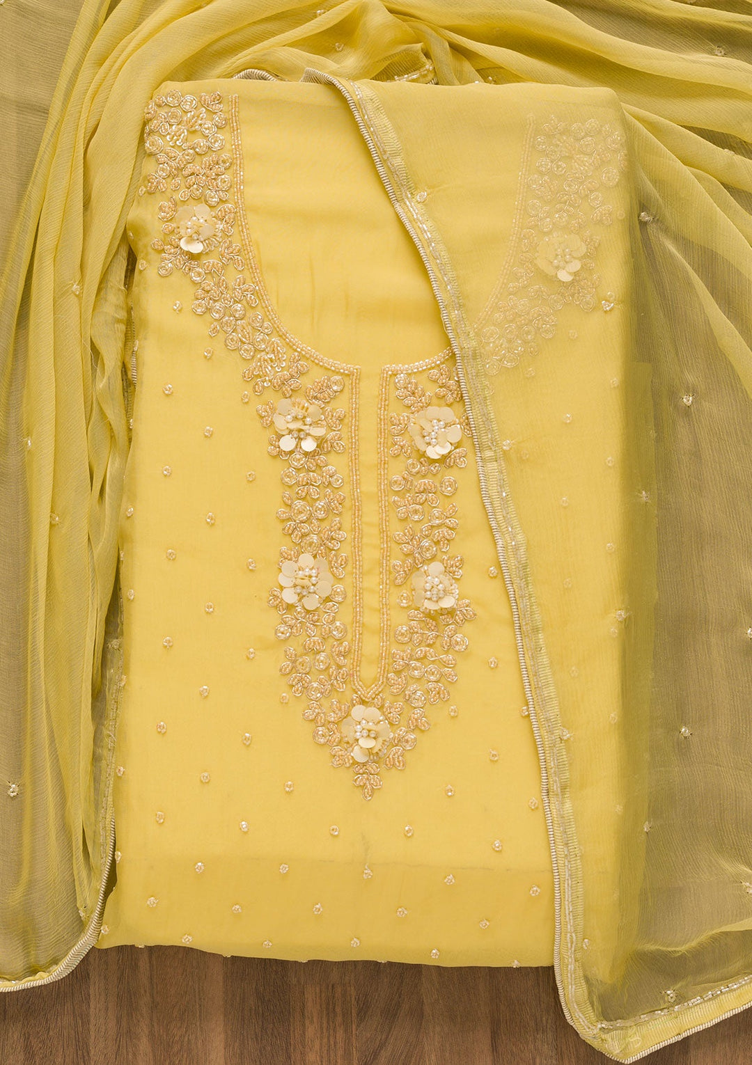 Yellow Cutdana Organza Unstitched Salwar Kameez-Koskii