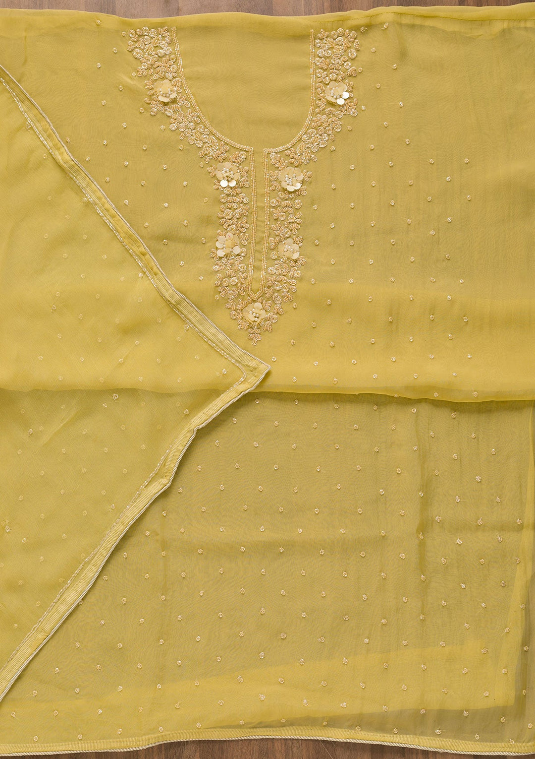 Yellow Cutdana Organza Unstitched Salwar Kameez-Koskii