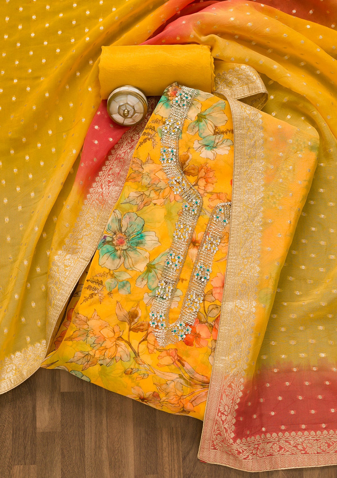 Yellow Printed Tissue Unstitched Salwar Kameez-Koskii
