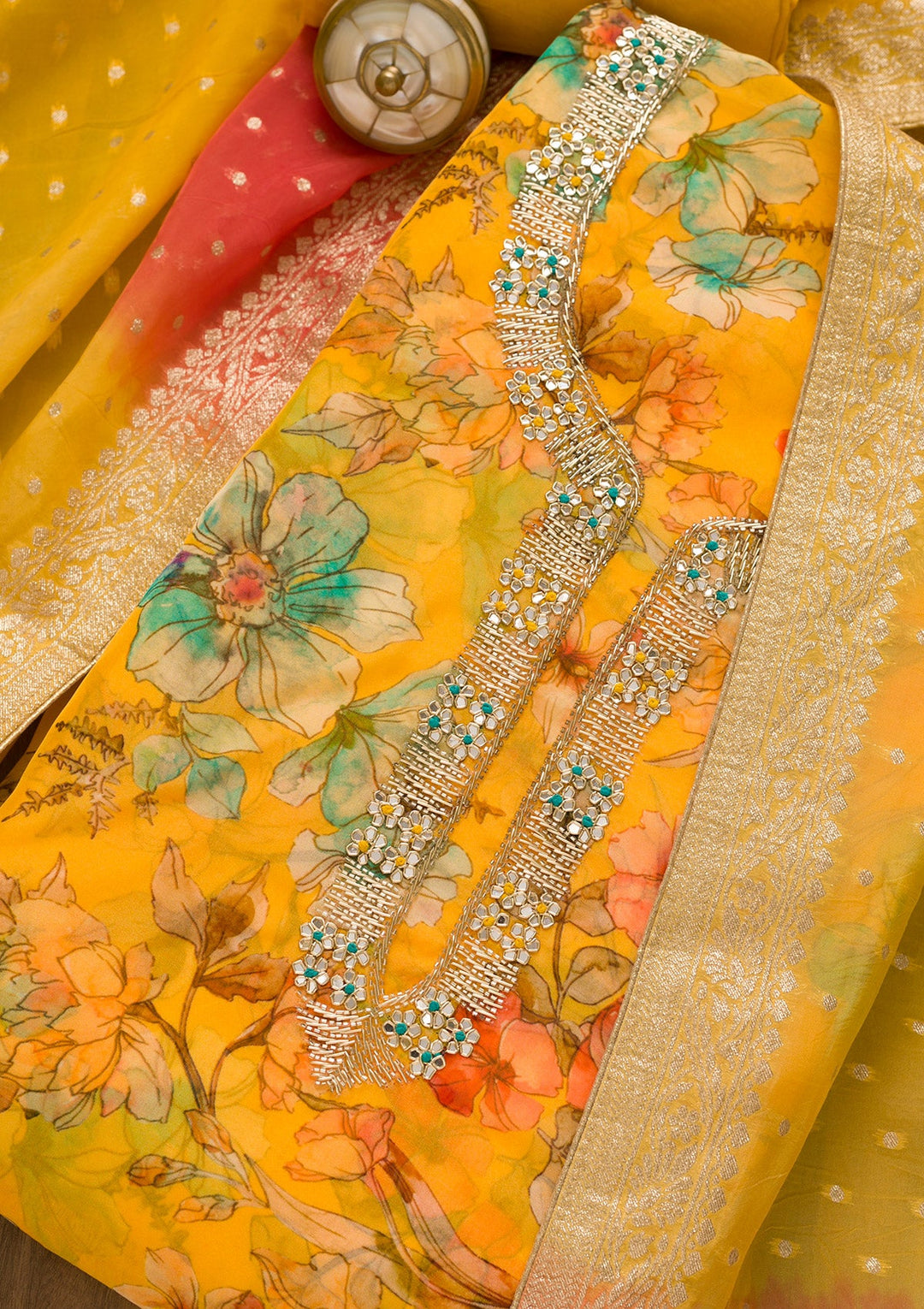 Yellow Printed Tissue Unstitched Salwar Kameez-Koskii