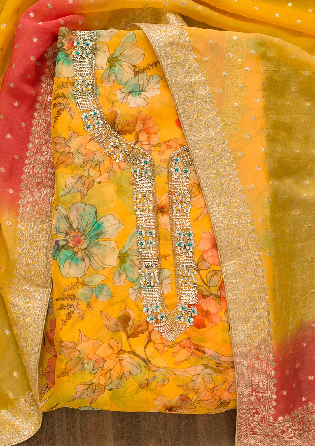 Yellow Printed Tissue Unstitched Salwar Kameez-Koskii