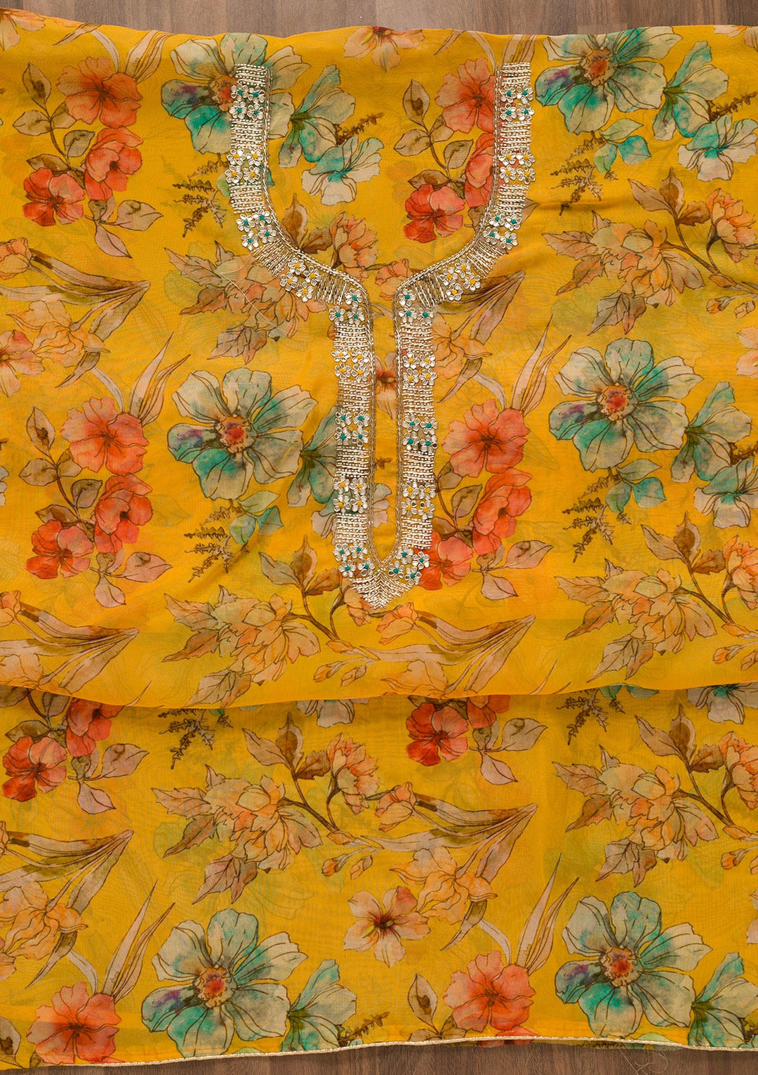 Yellow Printed Tissue Unstitched Salwar Kameez-Koskii