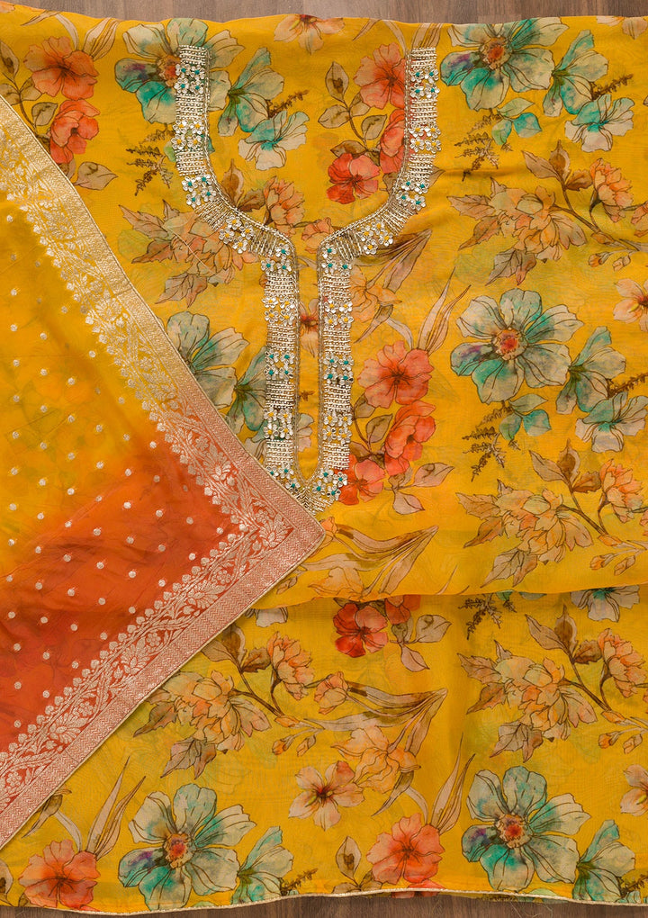 Yellow Printed Tissue Unstitched Salwar Kameez-Koskii