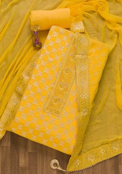 Yellow Cutdana Semi Crepe Unstitched Salwar Suit-Koskii