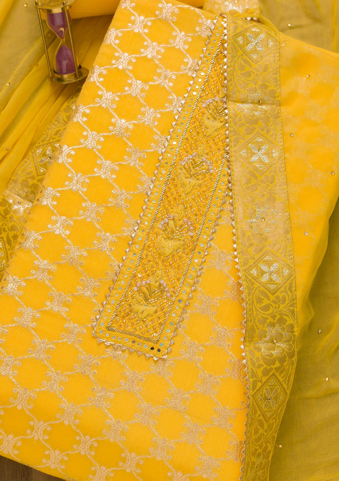 Yellow Cutdana Semi Crepe Unstitched Salwar Suit-Koskii