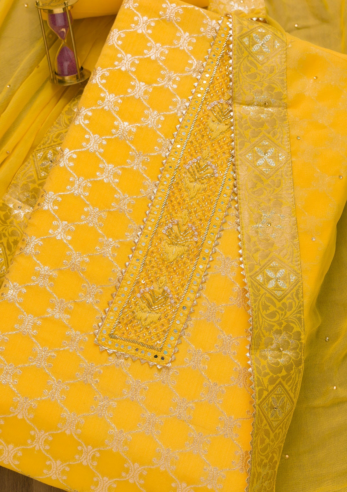 Yellow Cutdana Semi Crepe Unstitched Salwar Suit-Koskii