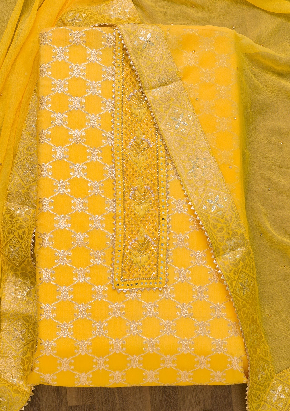 Yellow Cutdana Semi Crepe Unstitched Salwar Suit-Koskii