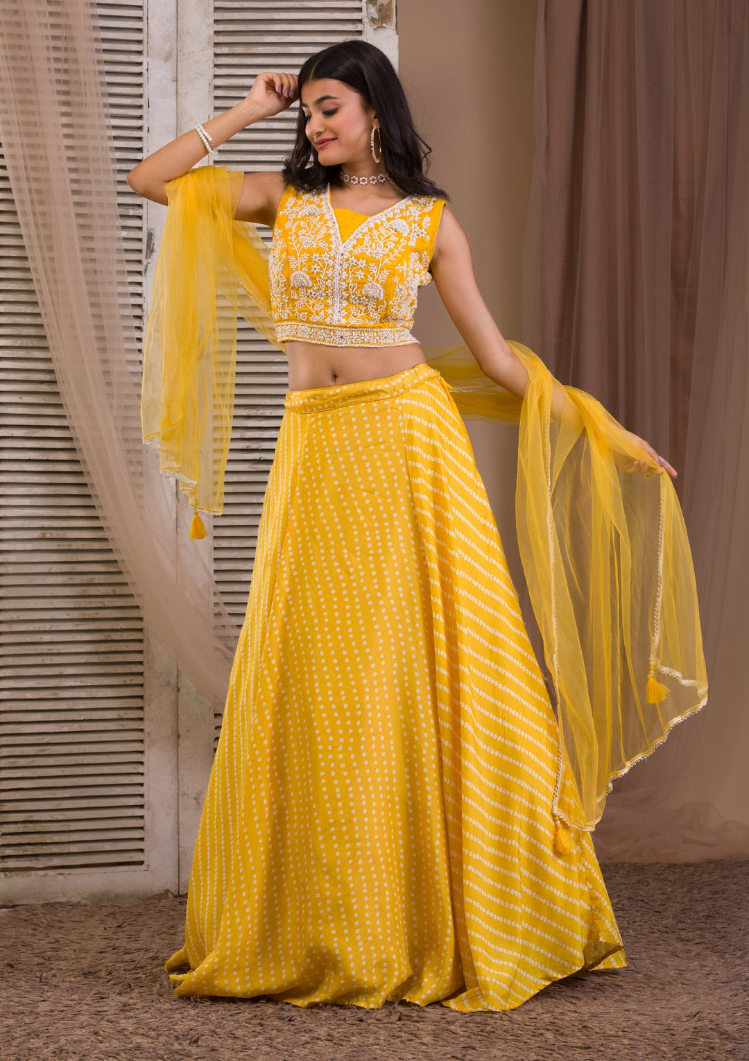 Yellow Cutdana Semi Crepe Readymade Lehenga-Koskii