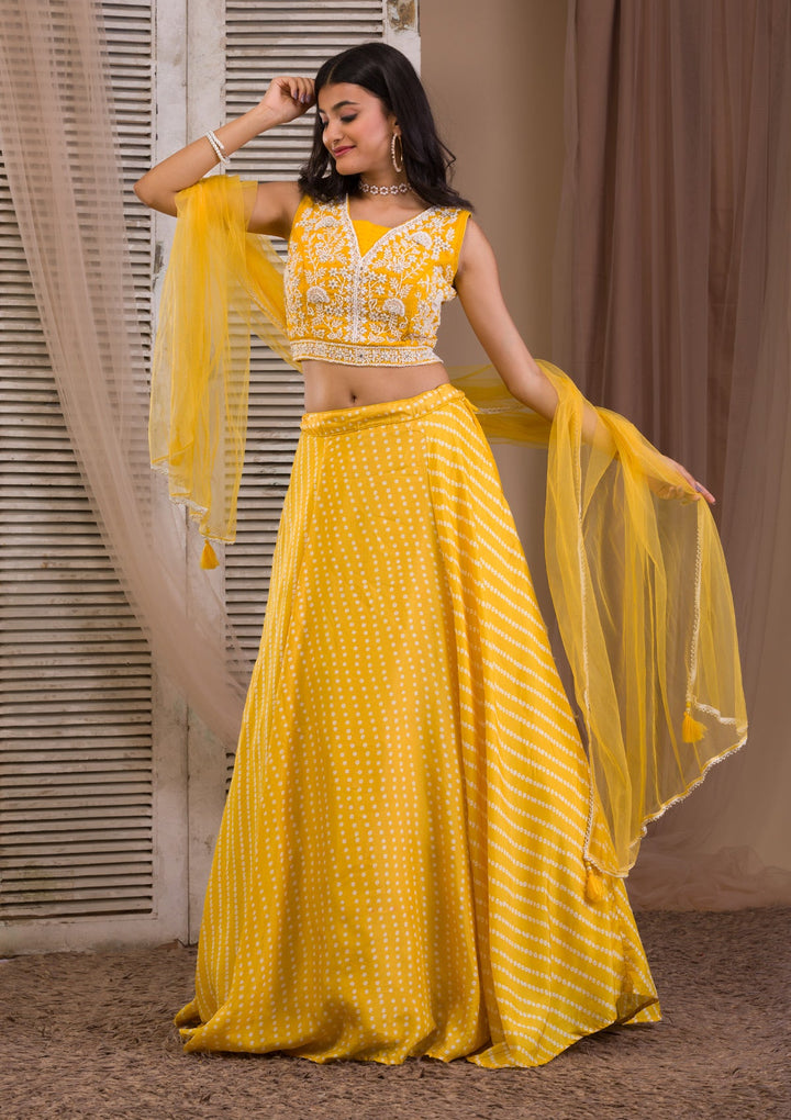 Yellow Cutdana Semi Crepe Readymade Lehenga-Koskii