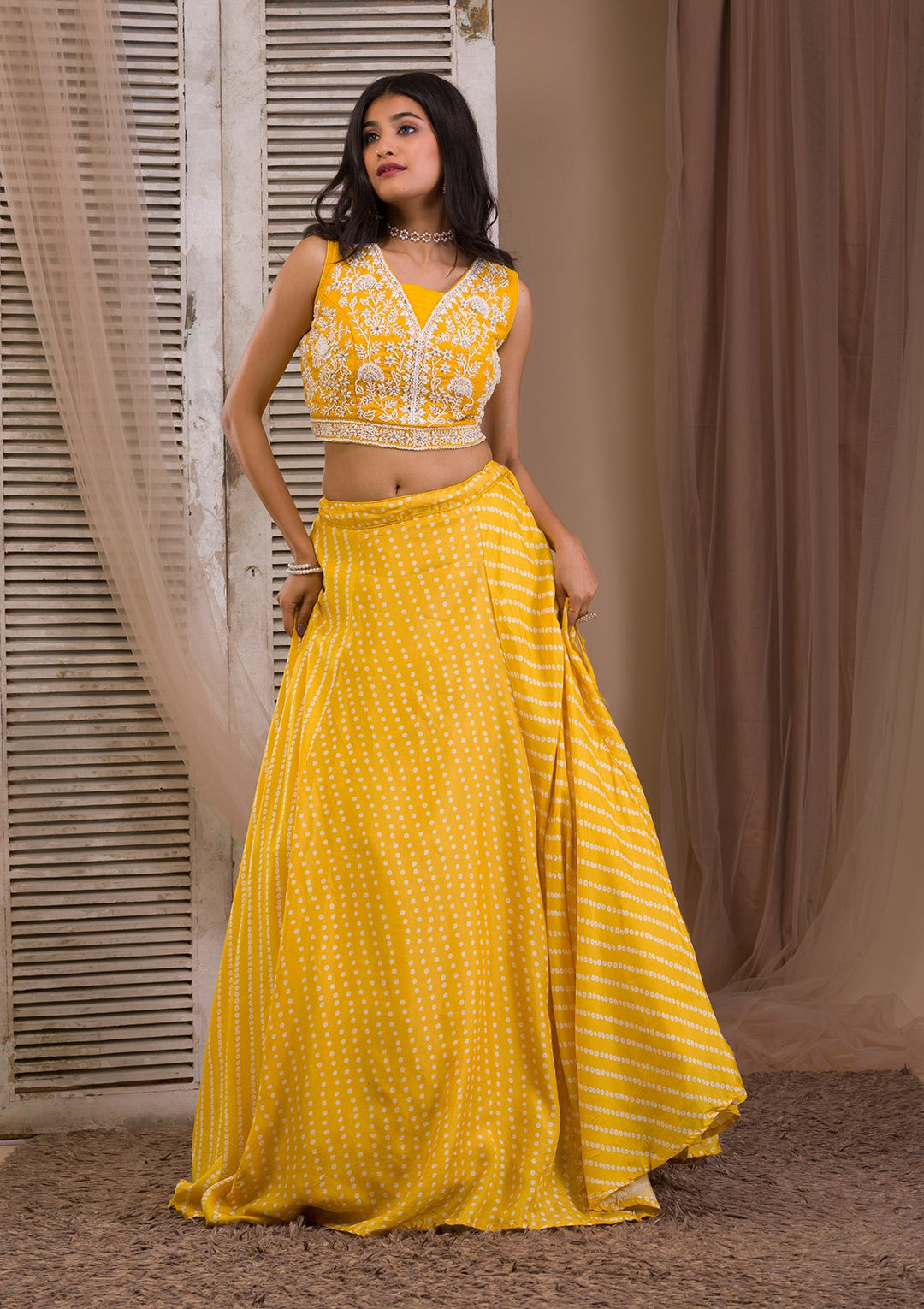 Yellow Cutdana Semi Crepe Readymade Lehenga-Koskii