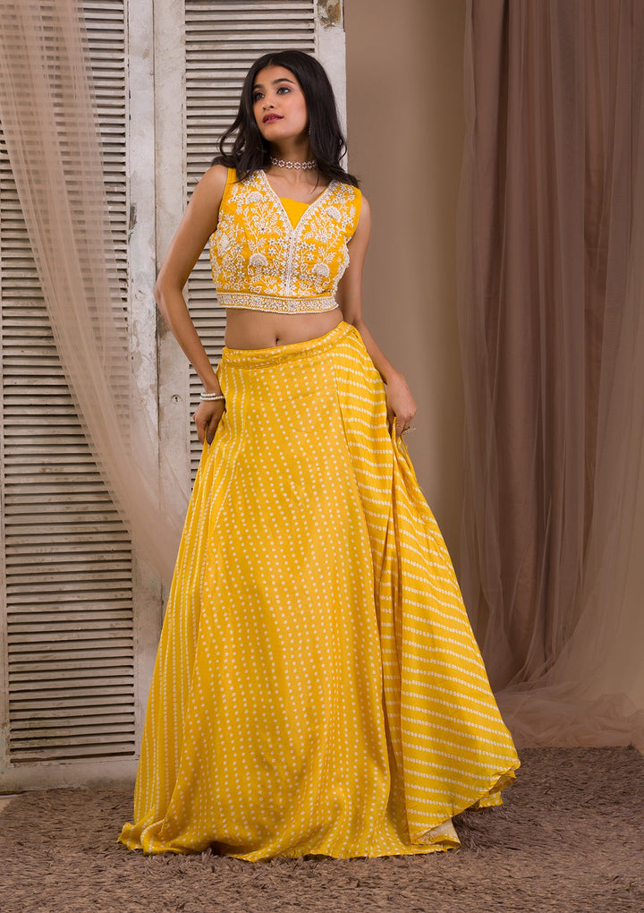 Yellow Cutdana Semi Crepe Readymade Lehenga-Koskii