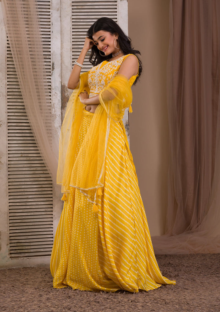 Yellow Cutdana Semi Crepe Readymade Lehenga-Koskii