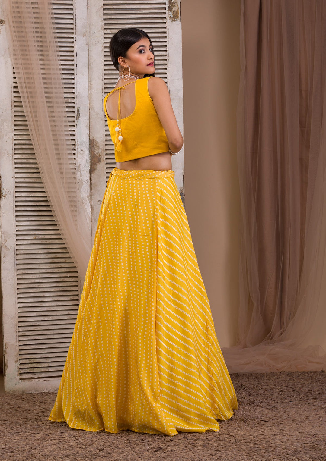 Yellow Cutdana Semi Crepe Readymade Lehenga-Koskii