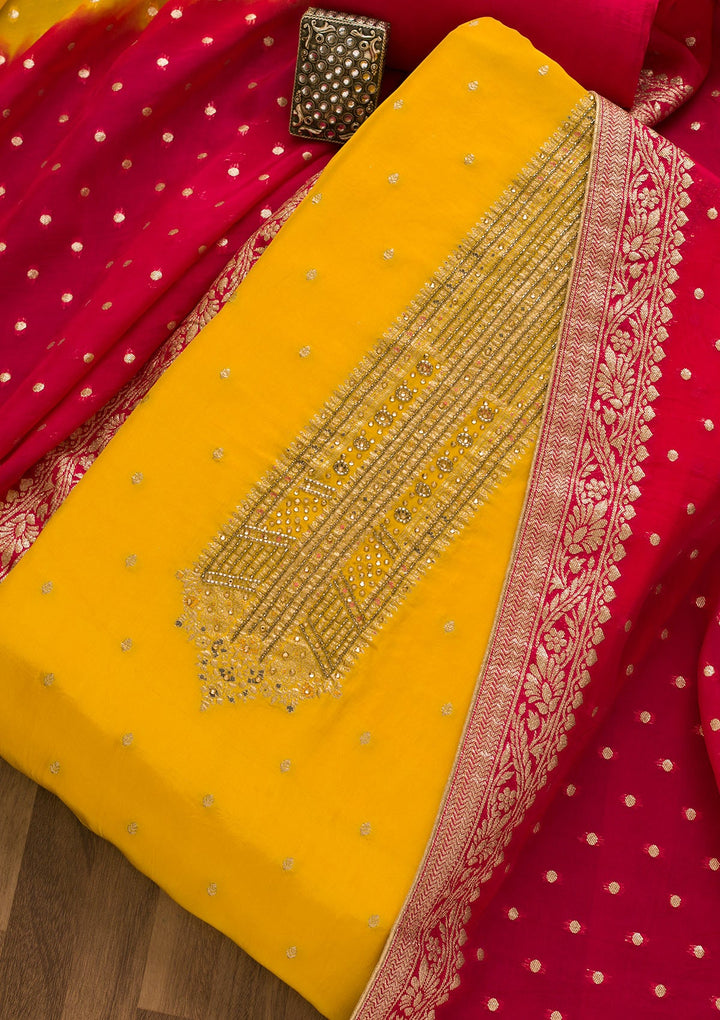 Yellow Cutdana Semi Crepe Unstitched Salwar Kameez-Koskii