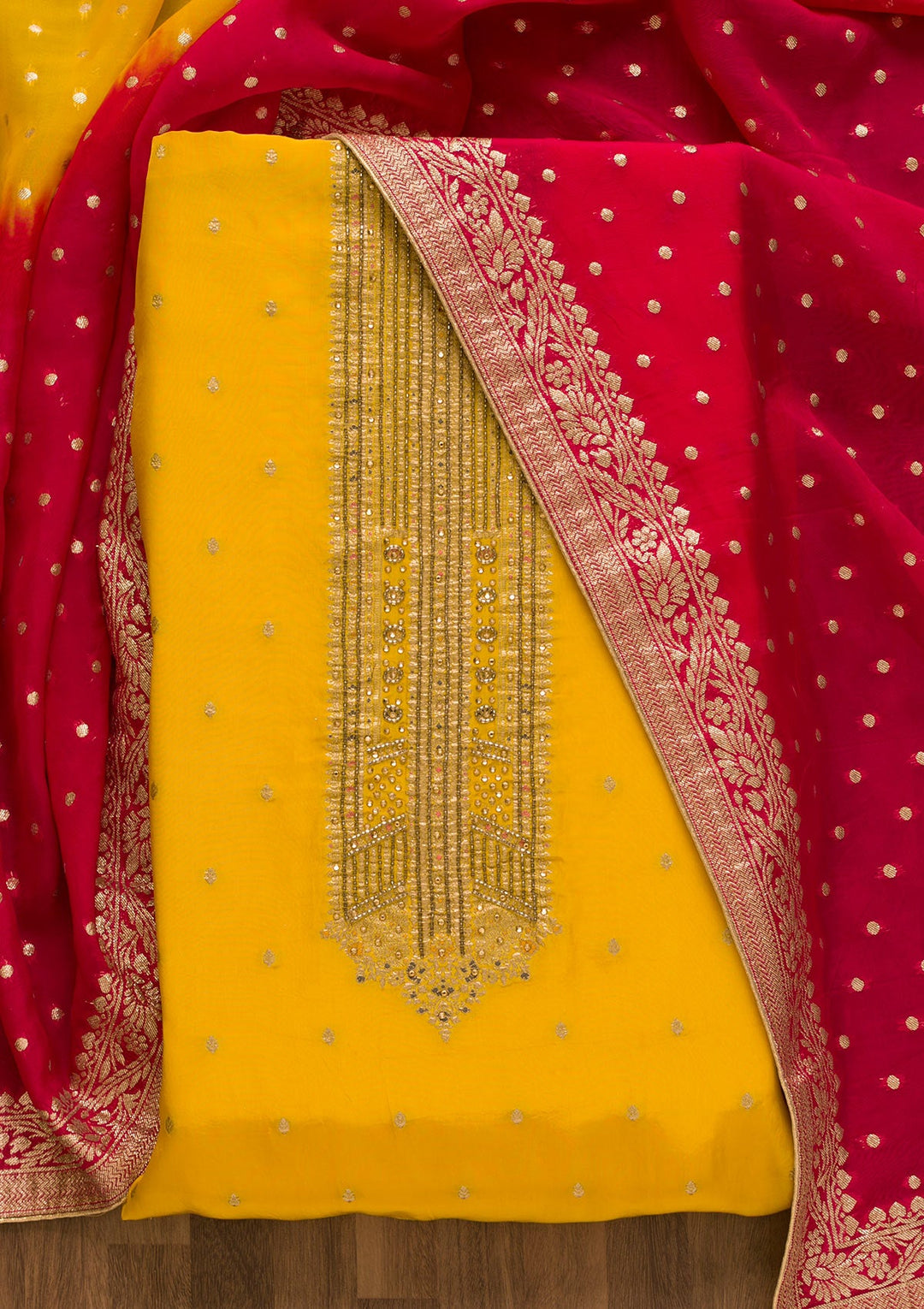Yellow Cutdana Semi Crepe Unstitched Salwar Kameez-Koskii