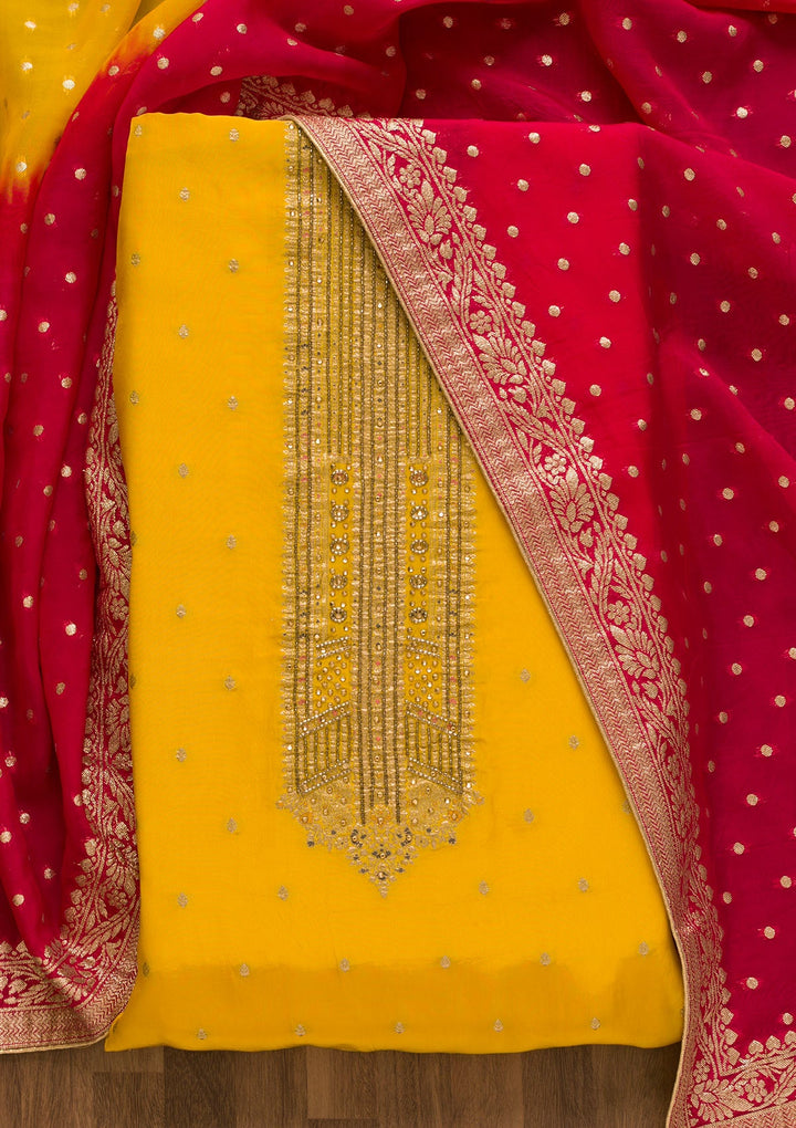 Yellow Cutdana Semi Crepe Unstitched Salwar Kameez-Koskii