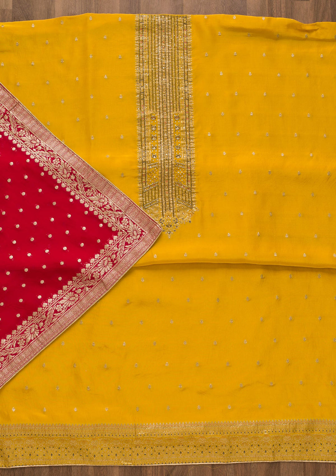 Yellow Cutdana Semi Crepe Unstitched Salwar Kameez-Koskii