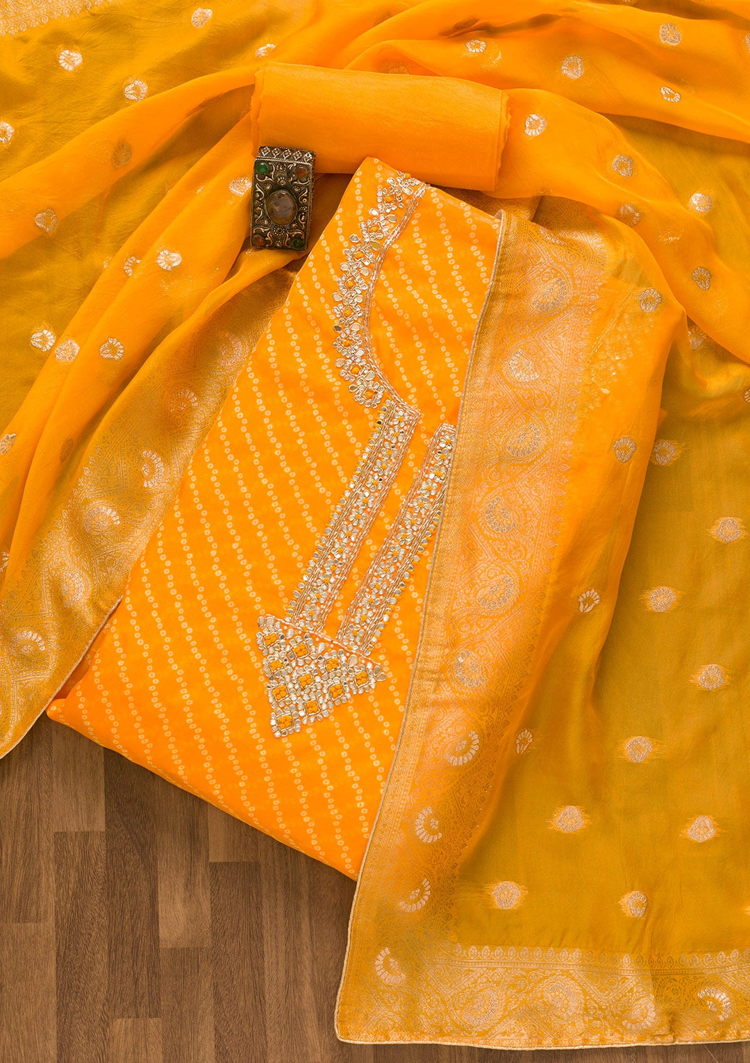 Yellow Cutdana Tissue Unstitched Salwar Kameez-Koskii