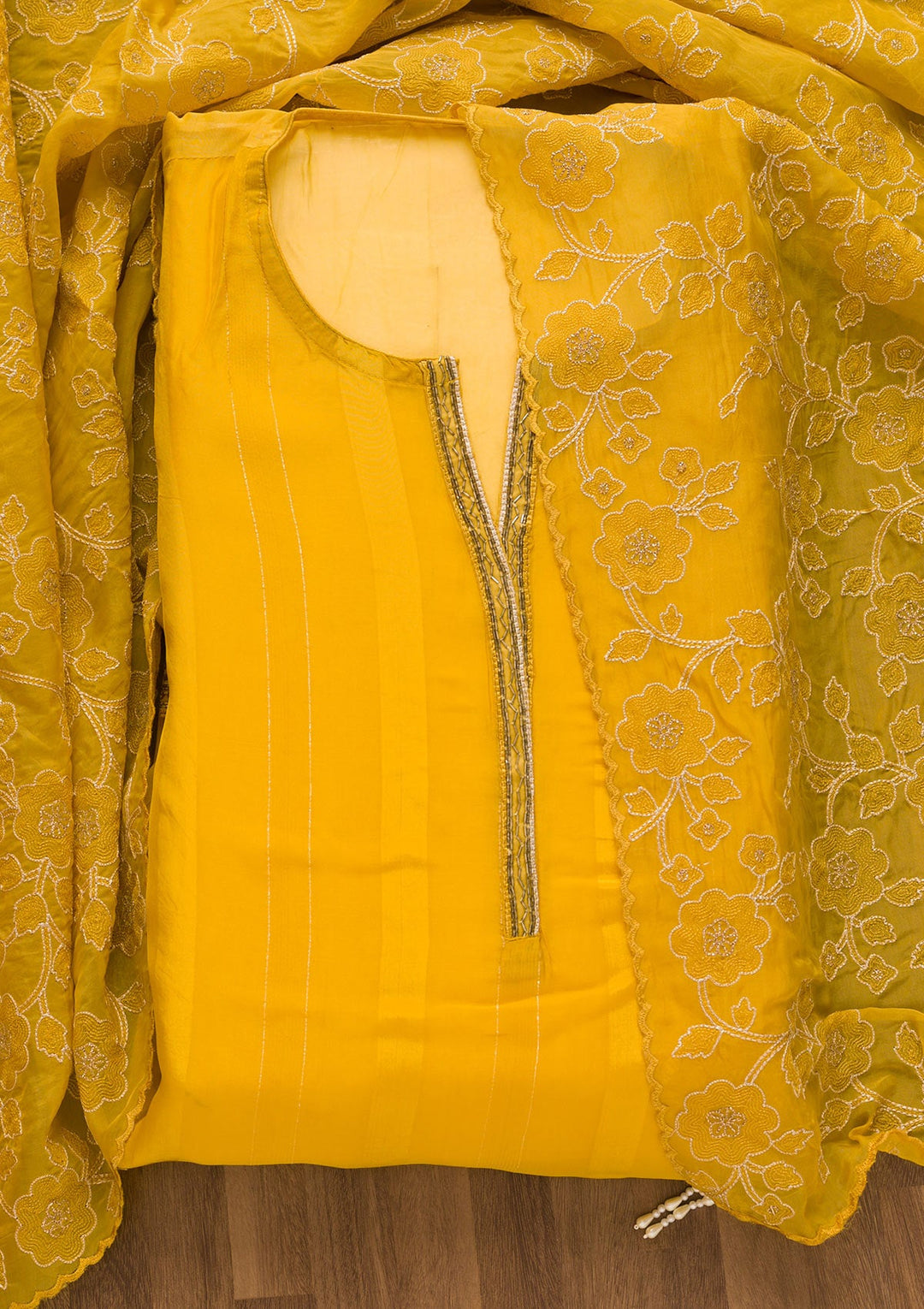 Yellow Cutdana Tissue Unstitched Salwar Suit-Koskii