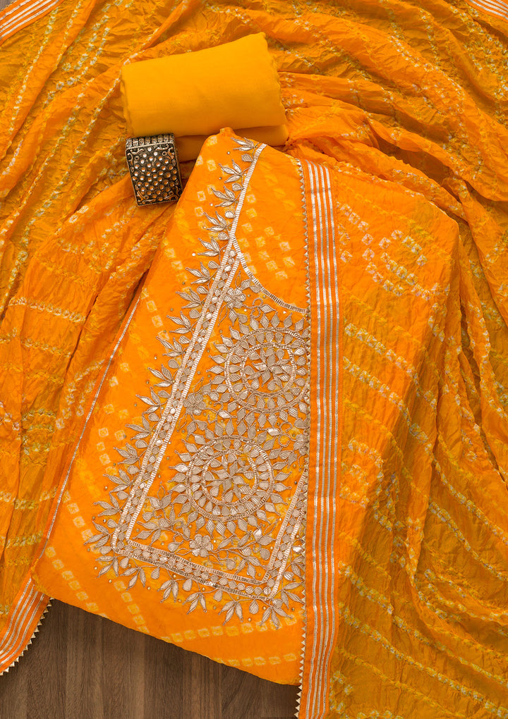 Yellow Bandhani Georgette Unstitched Salwar Kameez-Koskii