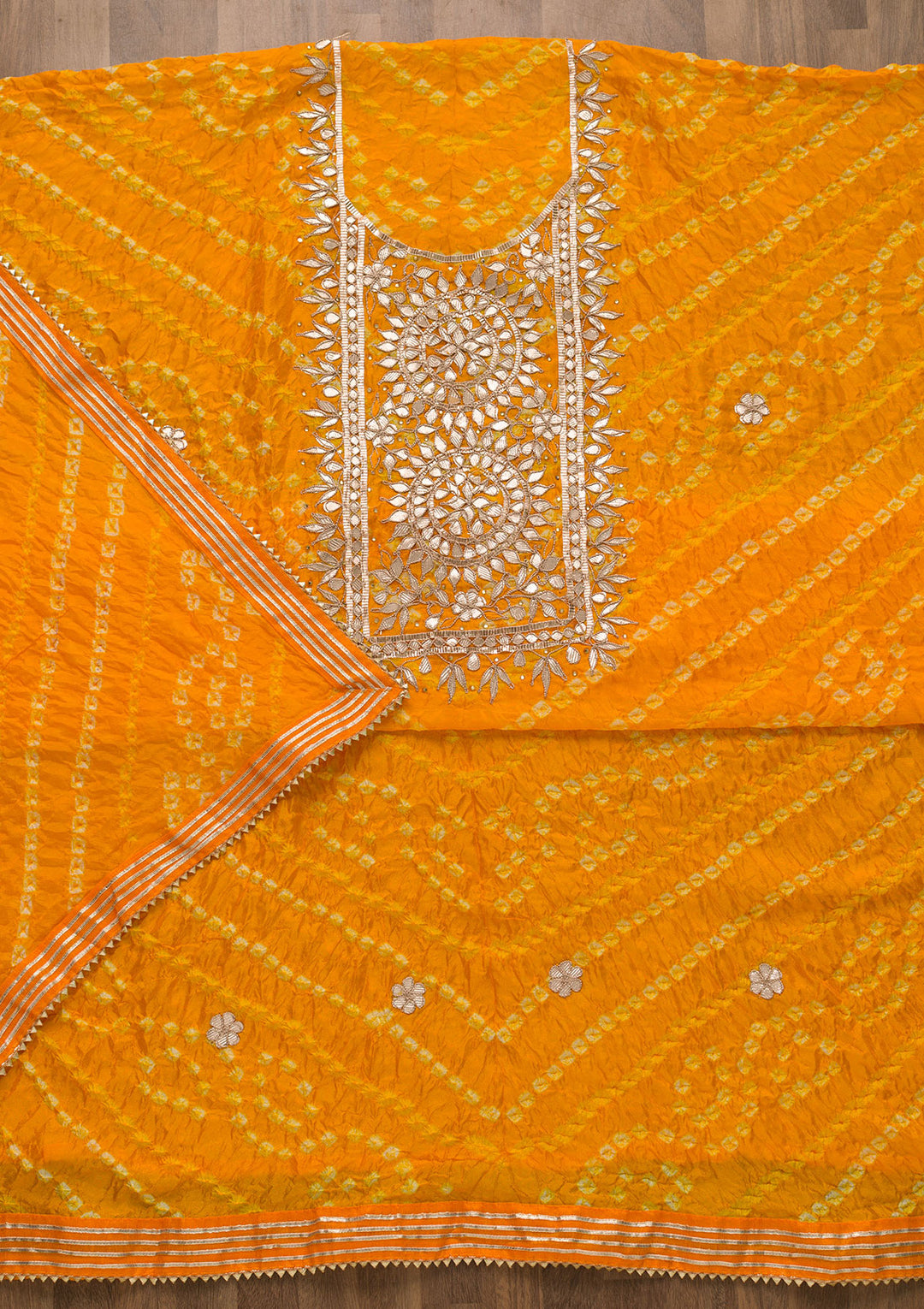 Yellow Bandhani Georgette Unstitched Salwar Kameez-Koskii