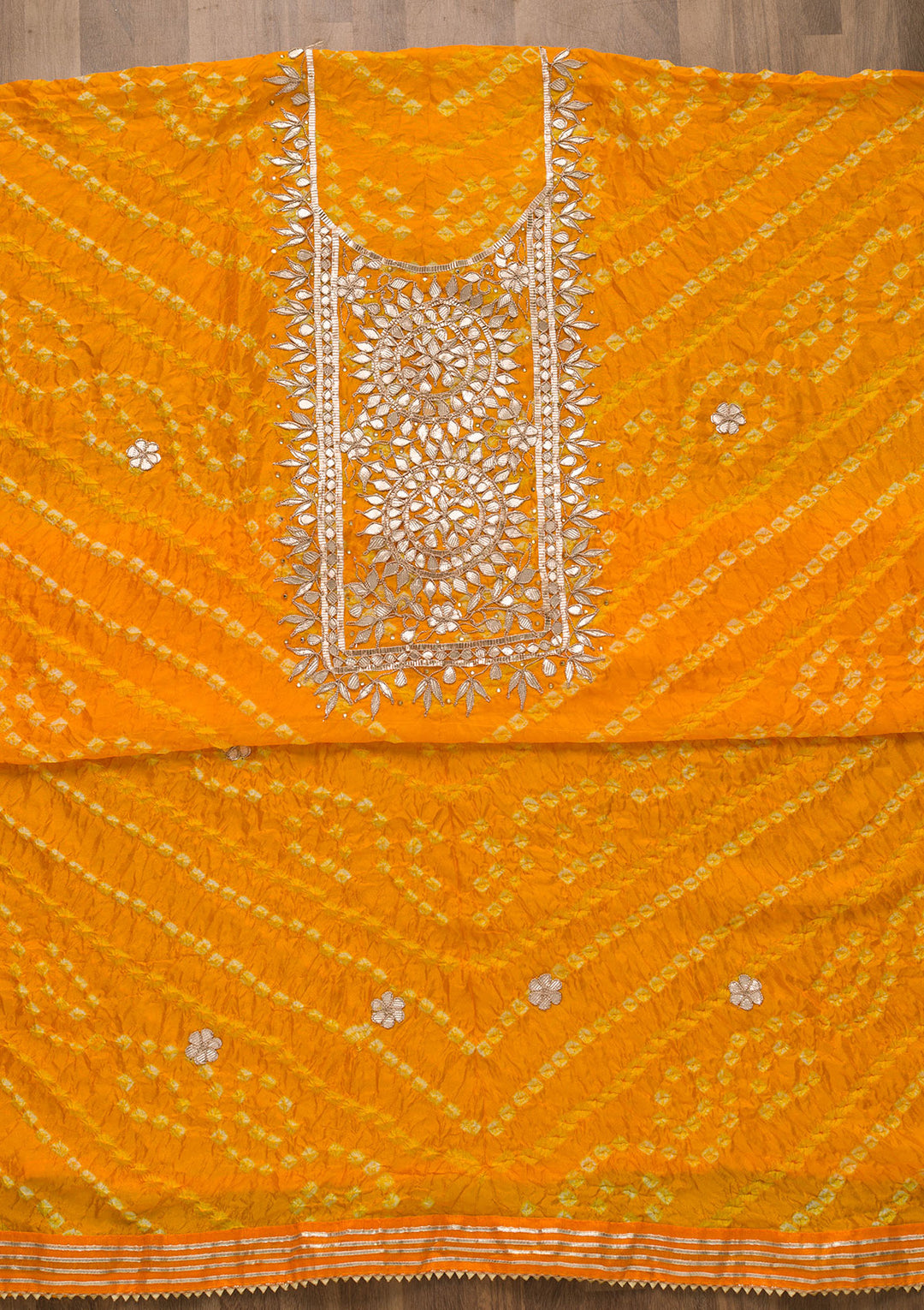 Yellow Bandhani Georgette Unstitched Salwar Kameez-Koskii