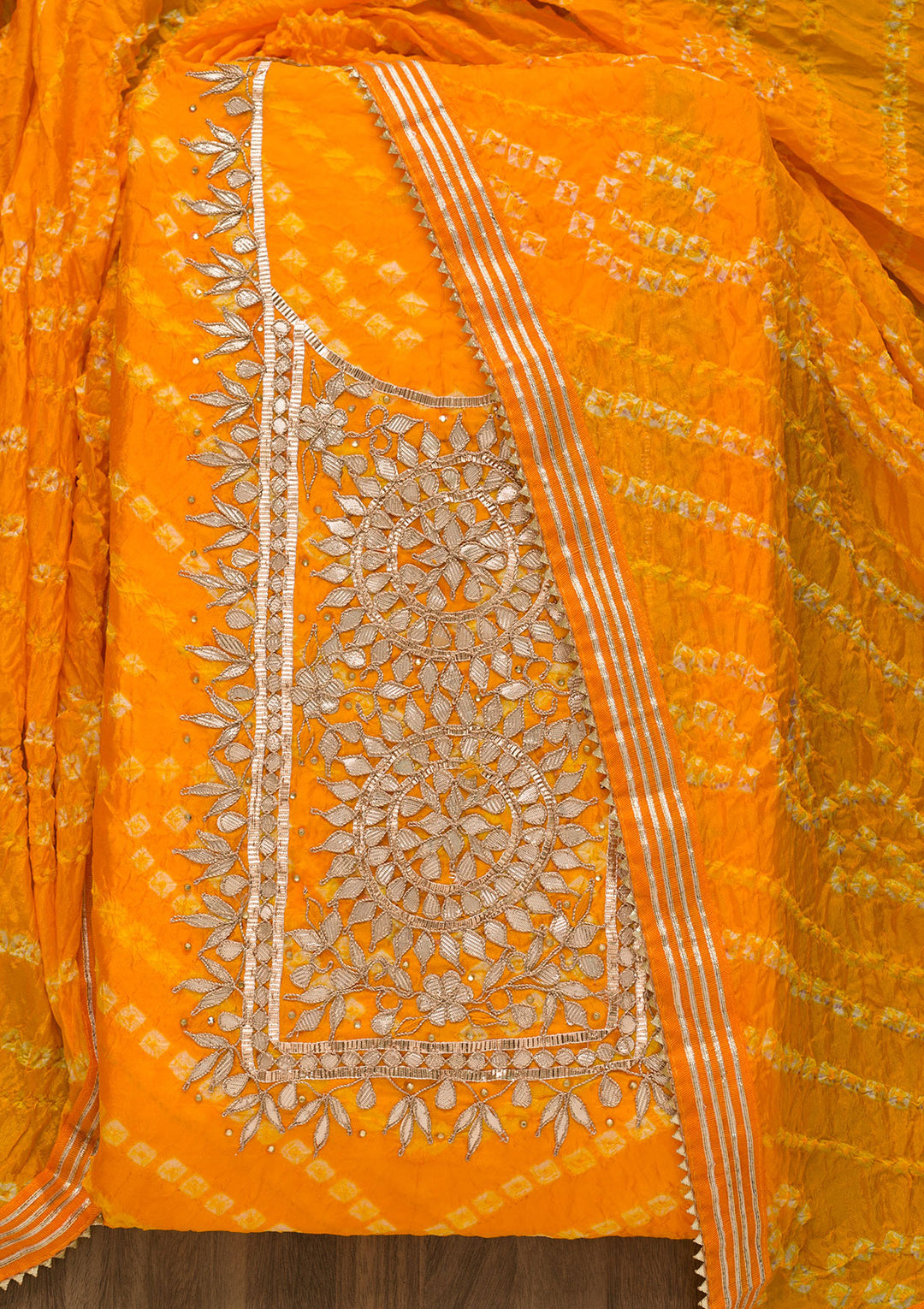 Yellow Bandhani Georgette Unstitched Salwar Kameez-Koskii