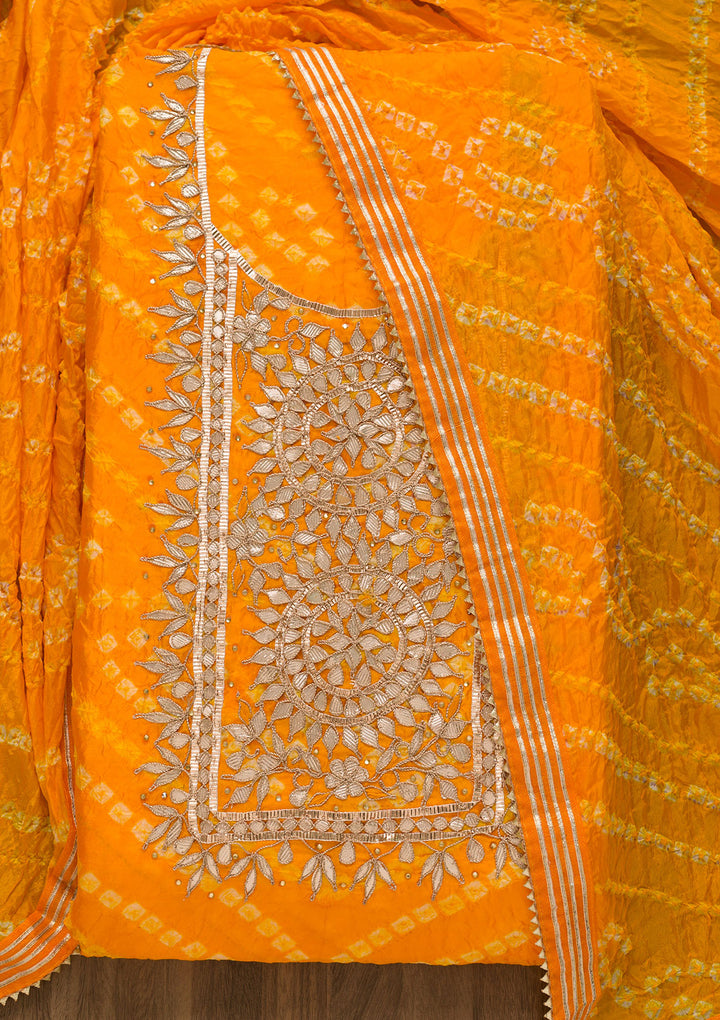 Yellow Bandhani Georgette Unstitched Salwar Kameez-Koskii