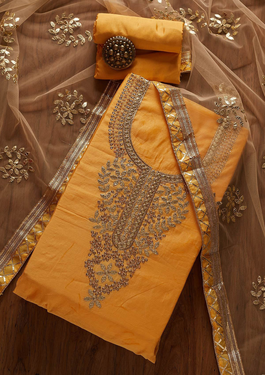 Yellow Gotapatti Chanderi Designer Unstitched Salwar Suit - koskii