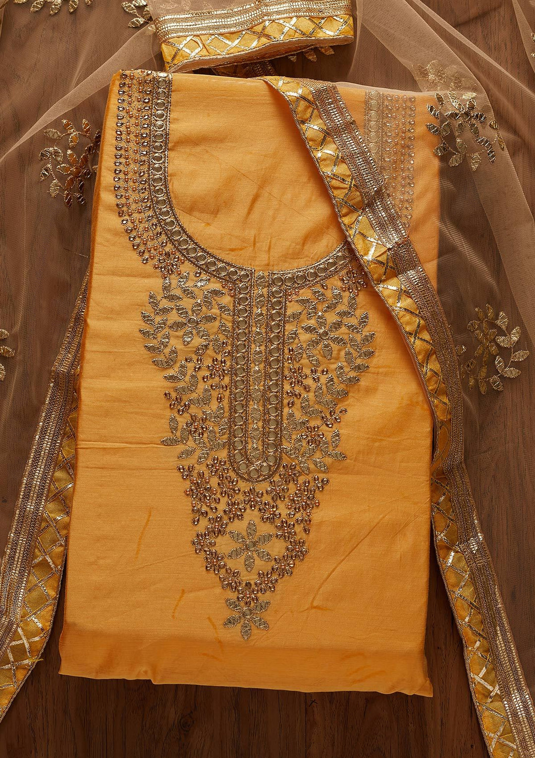 Yellow Gotapatti Chanderi Designer Unstitched Salwar Suit - koskii
