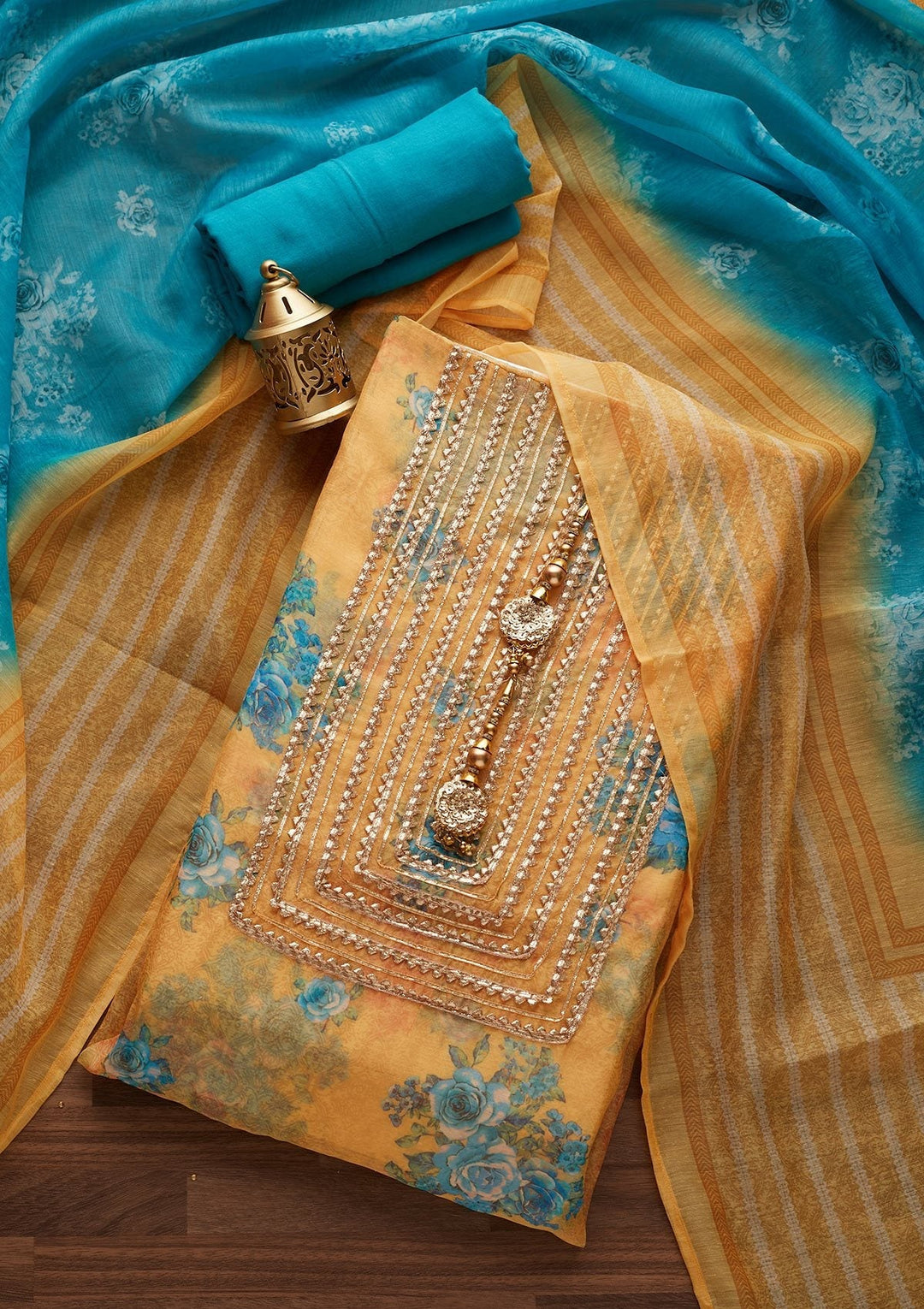 Yellow Gotapatti Chanderi Designer Unstitched Salwar Suit - Koskii