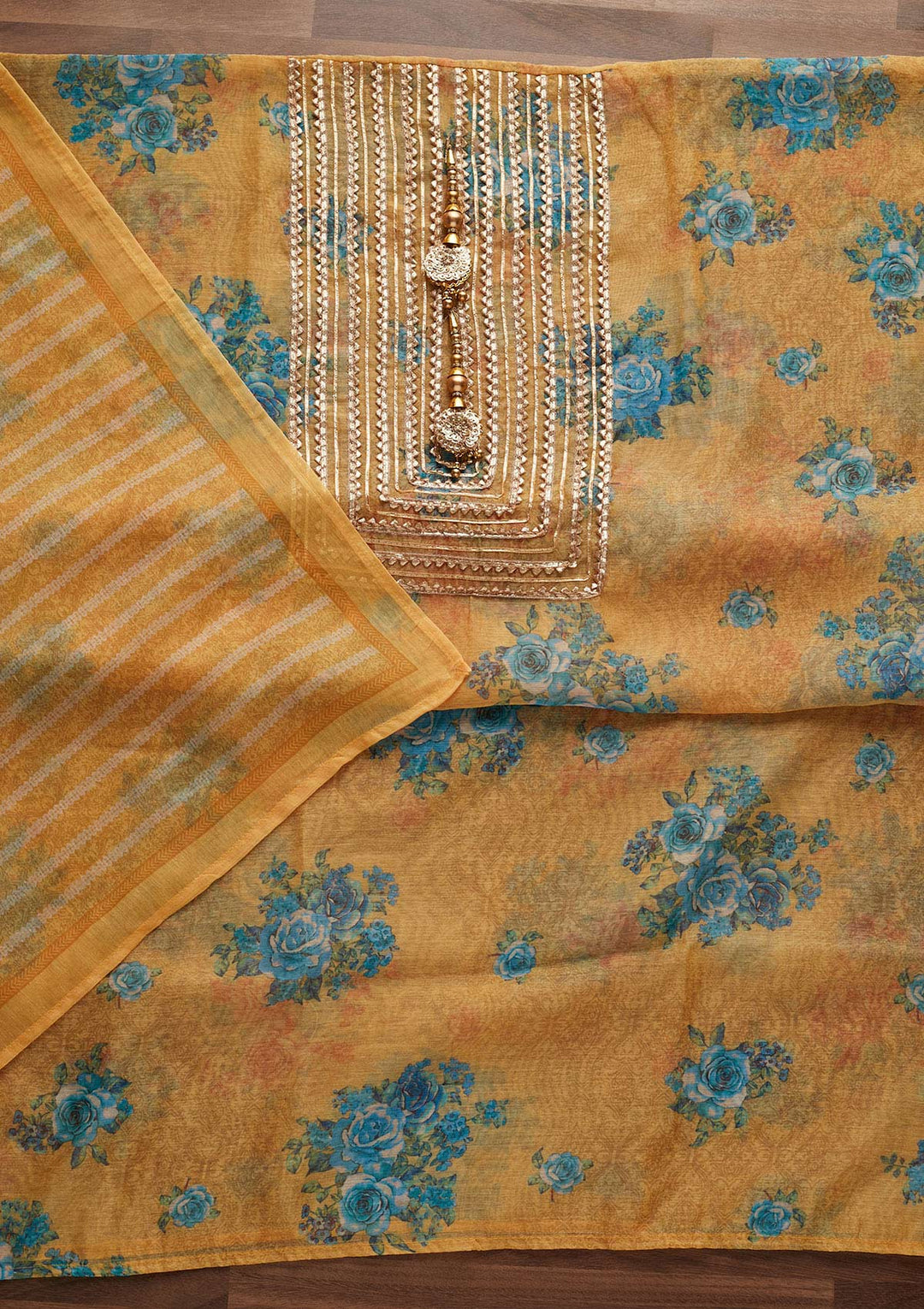 Yellow Gotapatti Chanderi Designer Unstitched Salwar Suit - Koskii