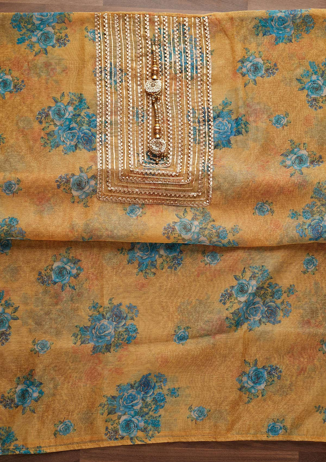 Yellow Gotapatti Chanderi Designer Unstitched Salwar Suit - Koskii