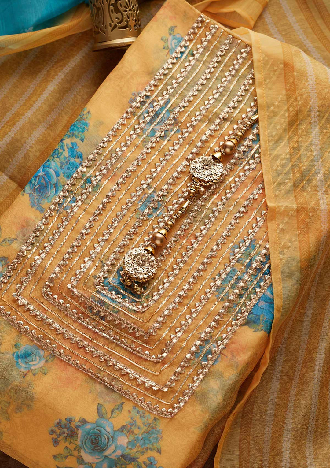 Yellow Gotapatti Chanderi Designer Unstitched Salwar Suit - Koskii