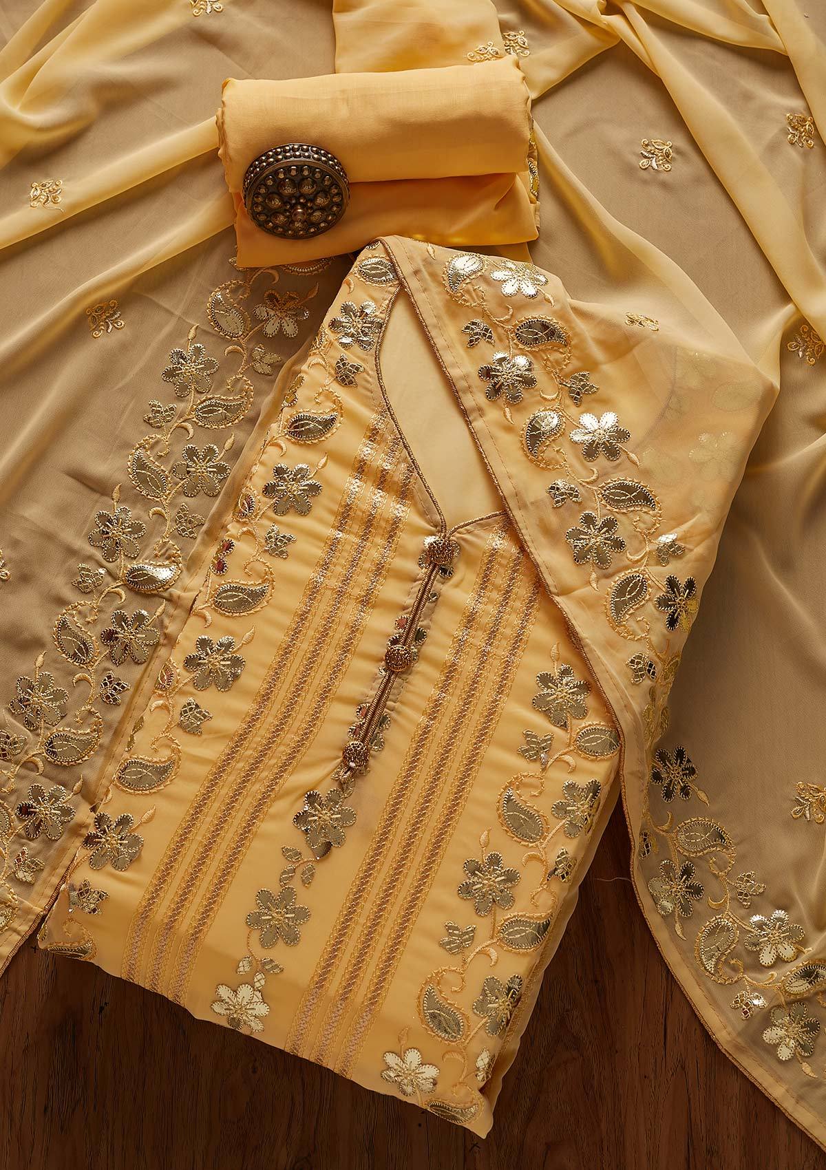 Yellow Gotapatti Georgette Designer Unstitched Salwar Suit - koskii