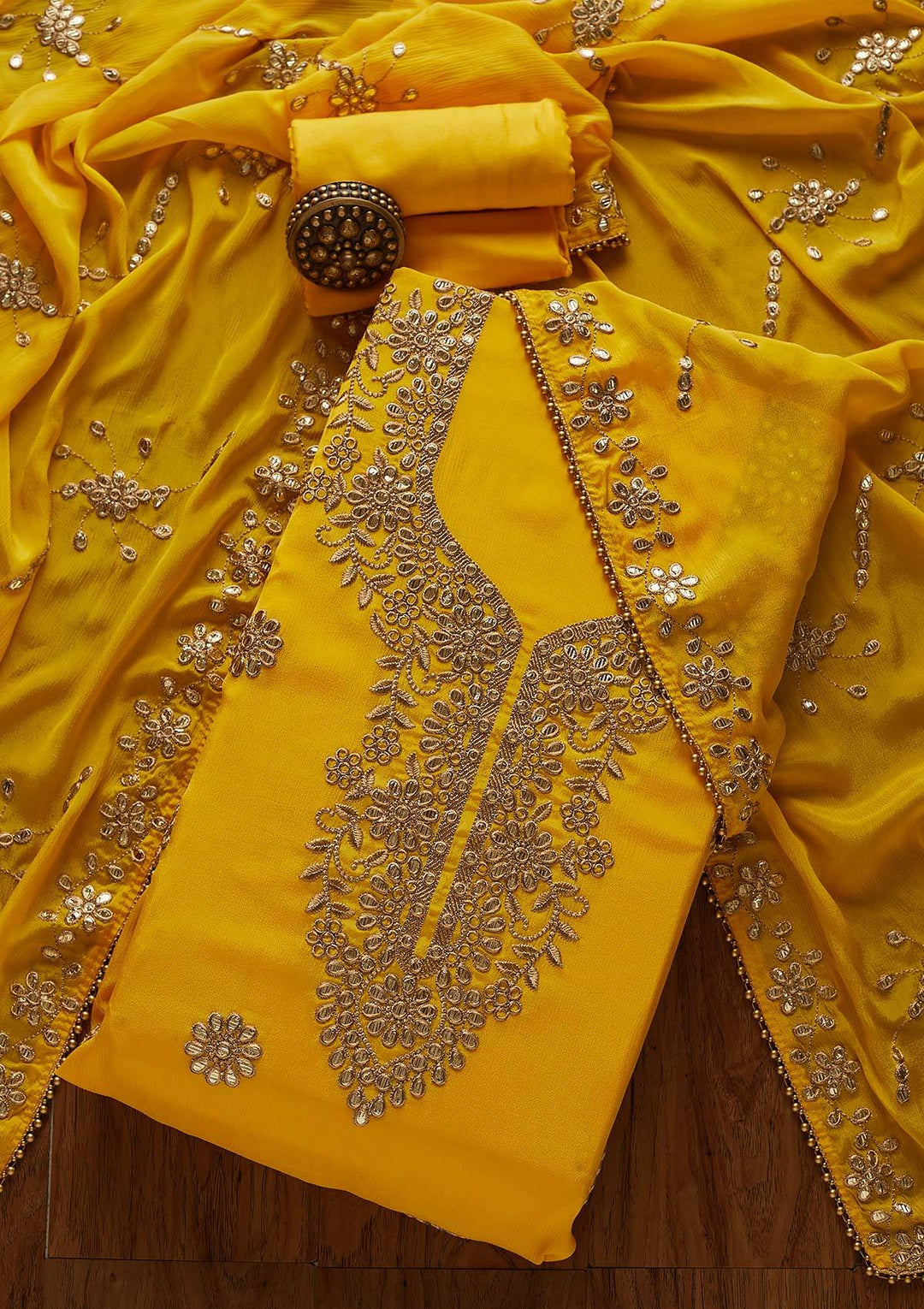 Yellow Gotapatti Georgette Designer Unstitched Salwar Suit - Koskii