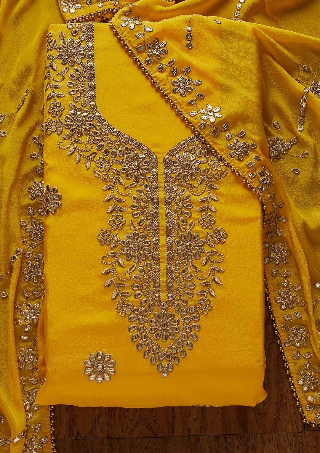 Yellow Gotapatti Georgette Designer Unstitched Salwar Suit - Koskii