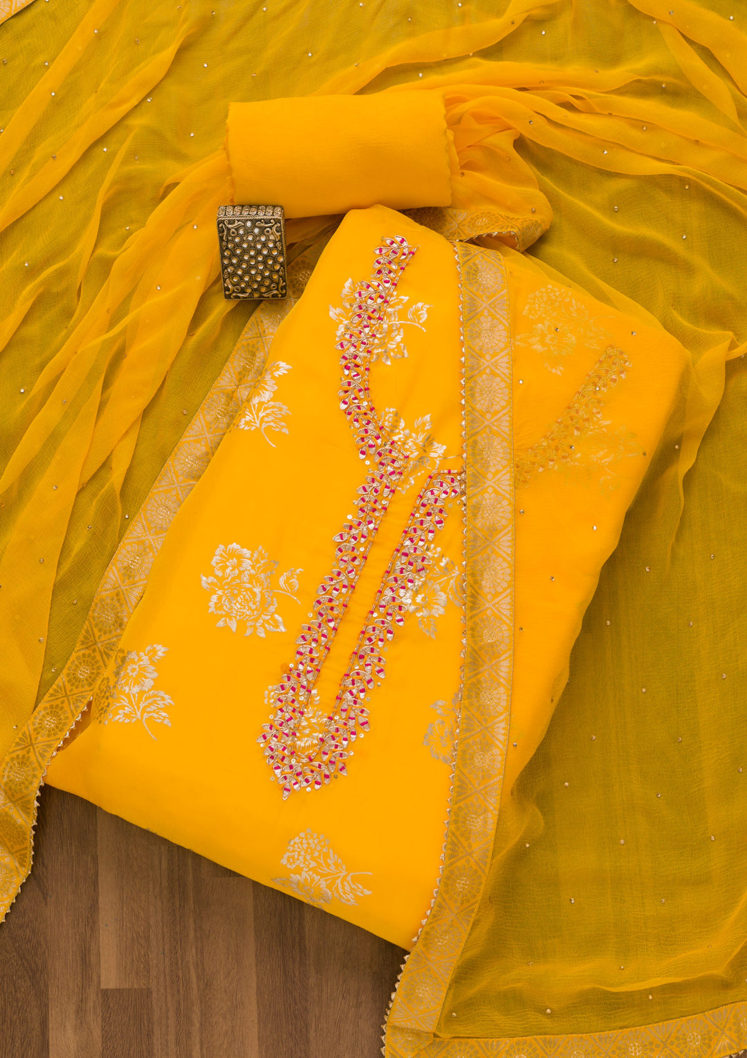 Yellow Gotapatti Organza Unstitched Salwar Kameez-Koskii
