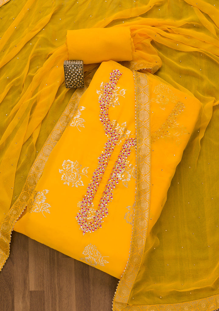 Yellow Gotapatti Organza Unstitched Salwar Kameez-Koskii