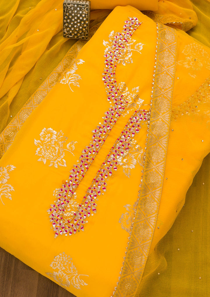 Yellow Gotapatti Organza Unstitched Salwar Kameez-Koskii