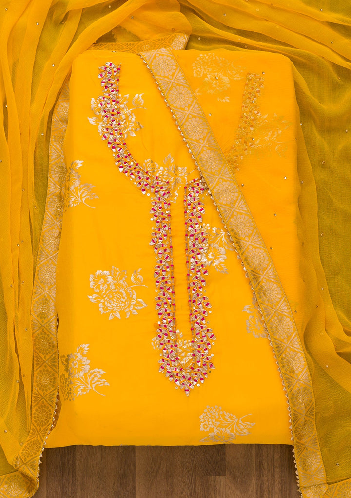 Yellow Gotapatti Organza Unstitched Salwar Kameez-Koskii