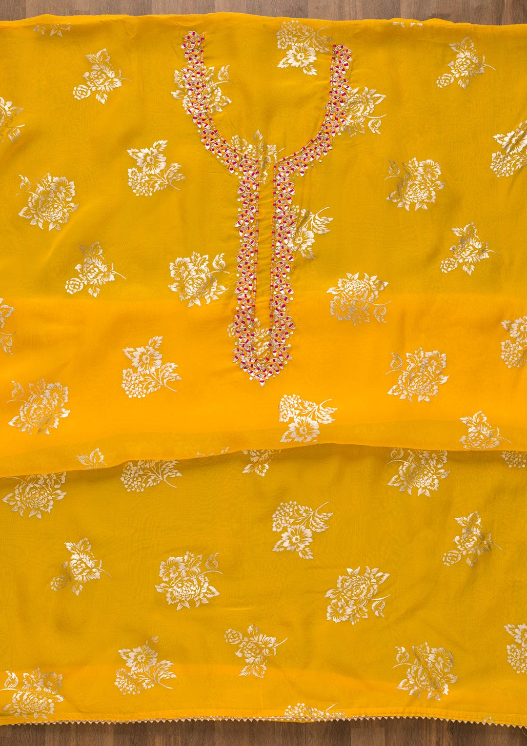 Yellow Gotapatti Organza Unstitched Salwar Kameez-Koskii